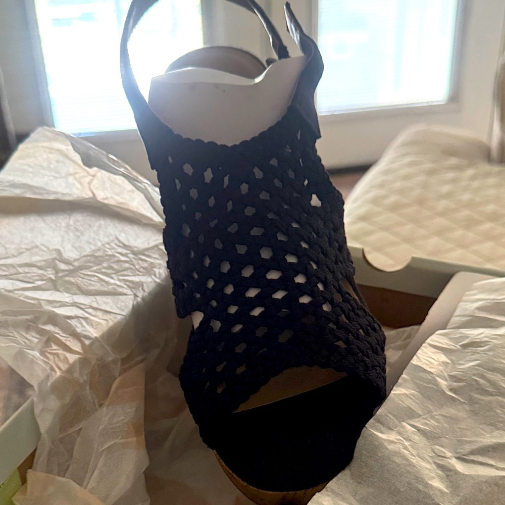 Chic Black Woven Wedge Sandals